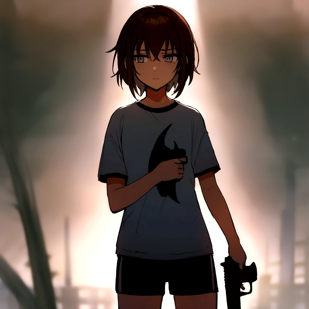 make me a girl, yo, sporty shirt and sporty shorts, gun in her hands, neutral face, dark brown short hair, grey eyes