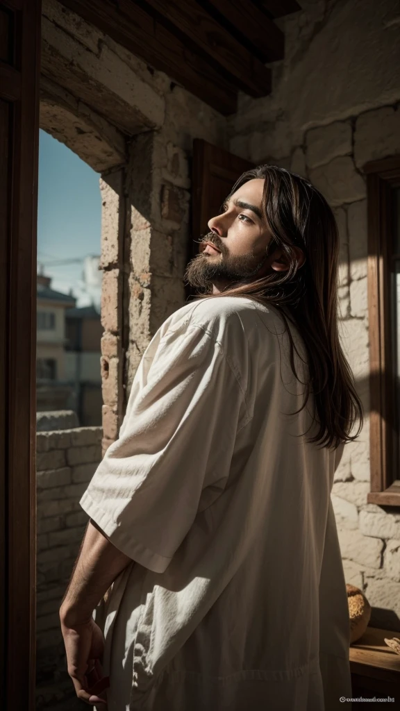 Create a picture of Jesus&#39; forward-facing face, with long hair and beard. He must have expressive blue eyes and a serene look. Lighting should be soft and golden, highlighting your features in an angelic way. He must be wearing simple clothes, old-style, with subtle gold details. No fundo, add a radiant light effect emanating from a specific point, creating a divine and sacred atmosphere