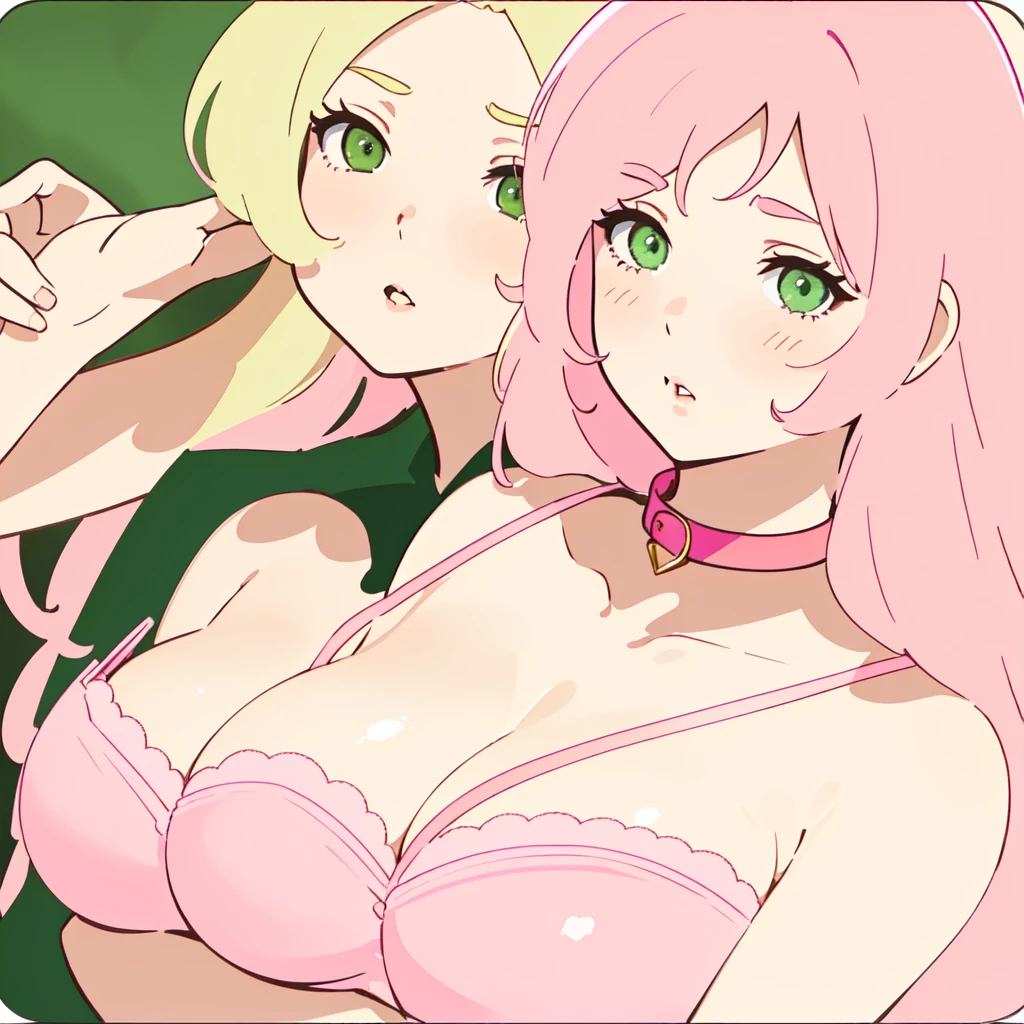 ((2 girls), Big round breasts, pink hair, blonde hair, light green eyes, big lips, eyebrow details, blush, mouth open, close up, looking at viewer, collar bone,, side by side, pink bra