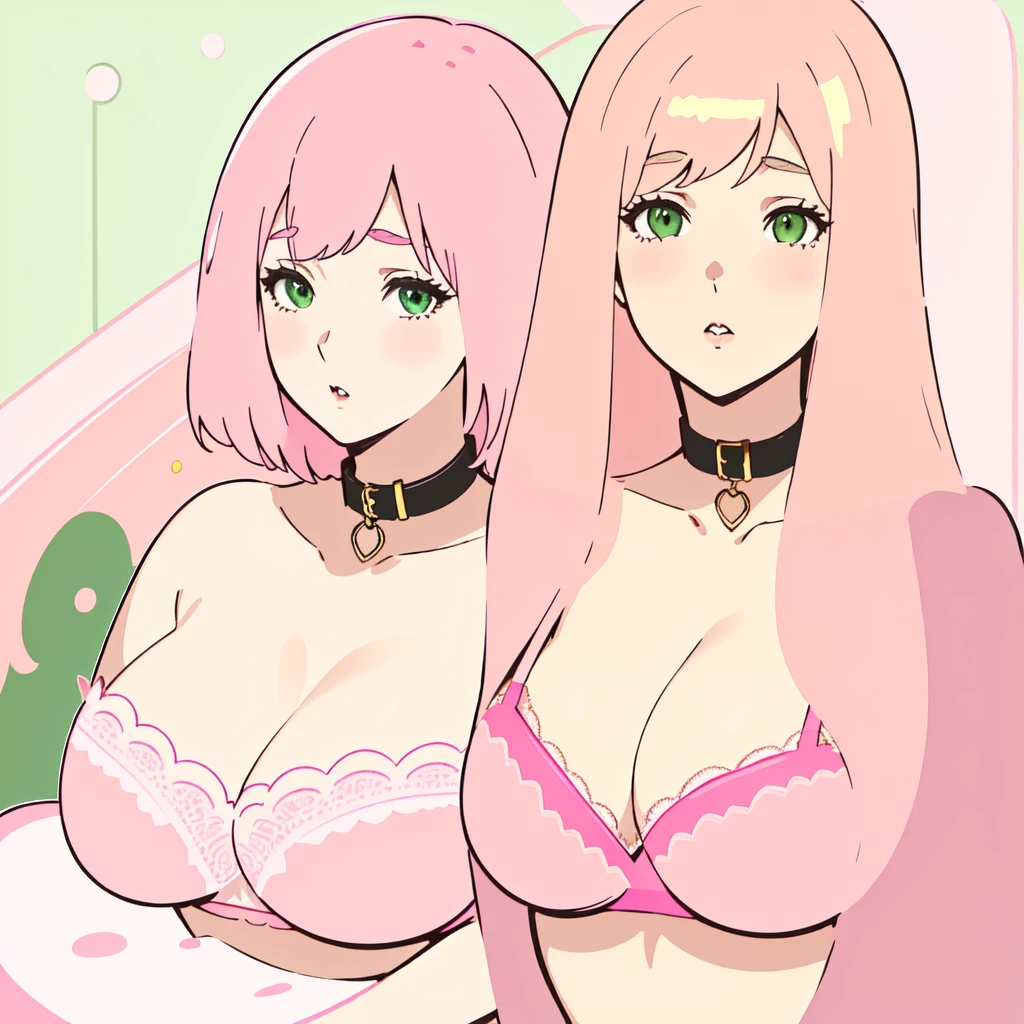 ((2 girls), Big round breasts, pink hair, blonde hair, light green eyes, big lips, eyebrow details, blush, mouth open, close up, looking at viewer, collar bone,, side by side, pink bra