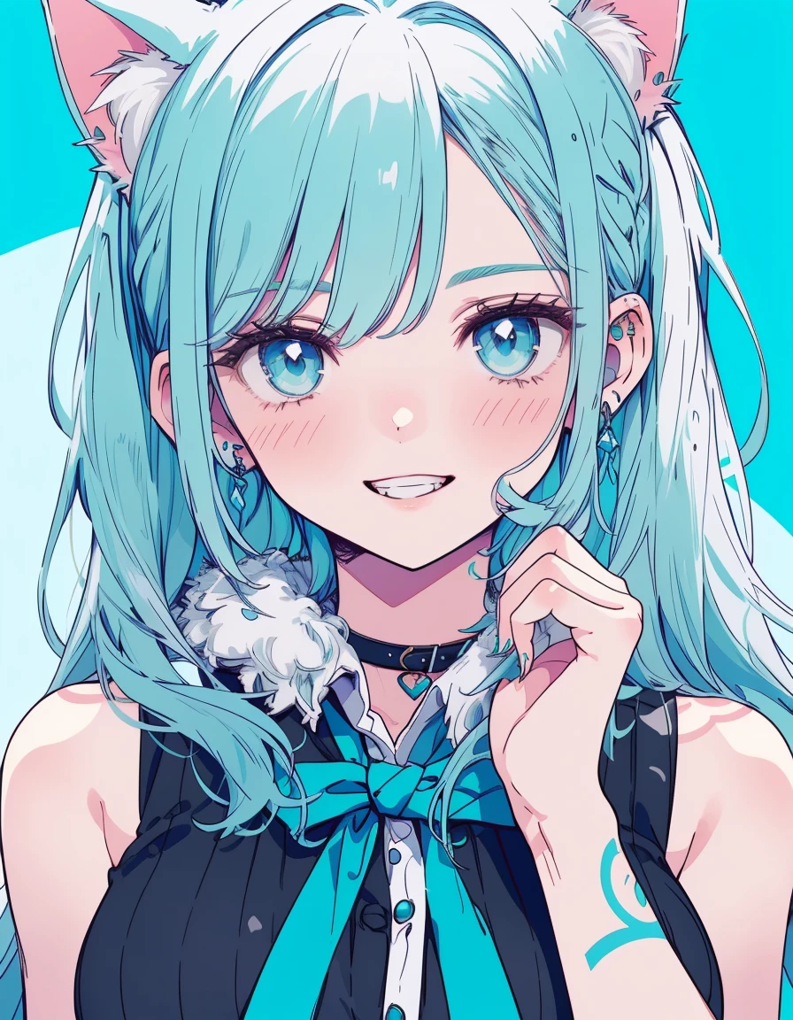 tattoo, full-face blush, grin, ((masterpiece, best quality:1.5)), ((Beautiful detailed cat aqua eyes:1.2)), cat ears, pale skin, medium breasts, beautiful hands, beautiful fingers, EasyNegative