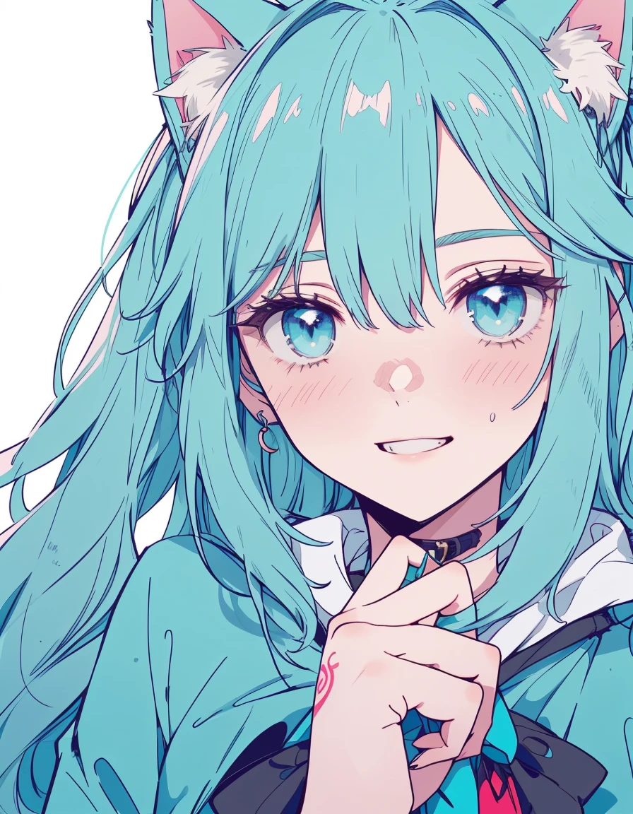 tattoo, full-face blush, grin, ((masterpiece, best quality:1.5)), ((Beautiful detailed cat aqua eyes:1.2)), cat ears, pale skin, medium breasts, beautiful hands, beautiful fingers, EasyNegative