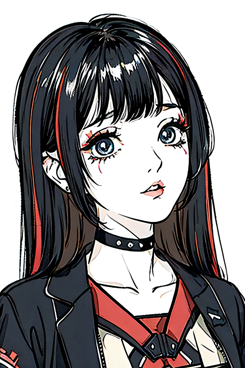 make a girl cartoon character that has a hair with red highlights in a black hair and a bangs, with a side labret piercing. from head to shoulder only, please include the side labret piercing