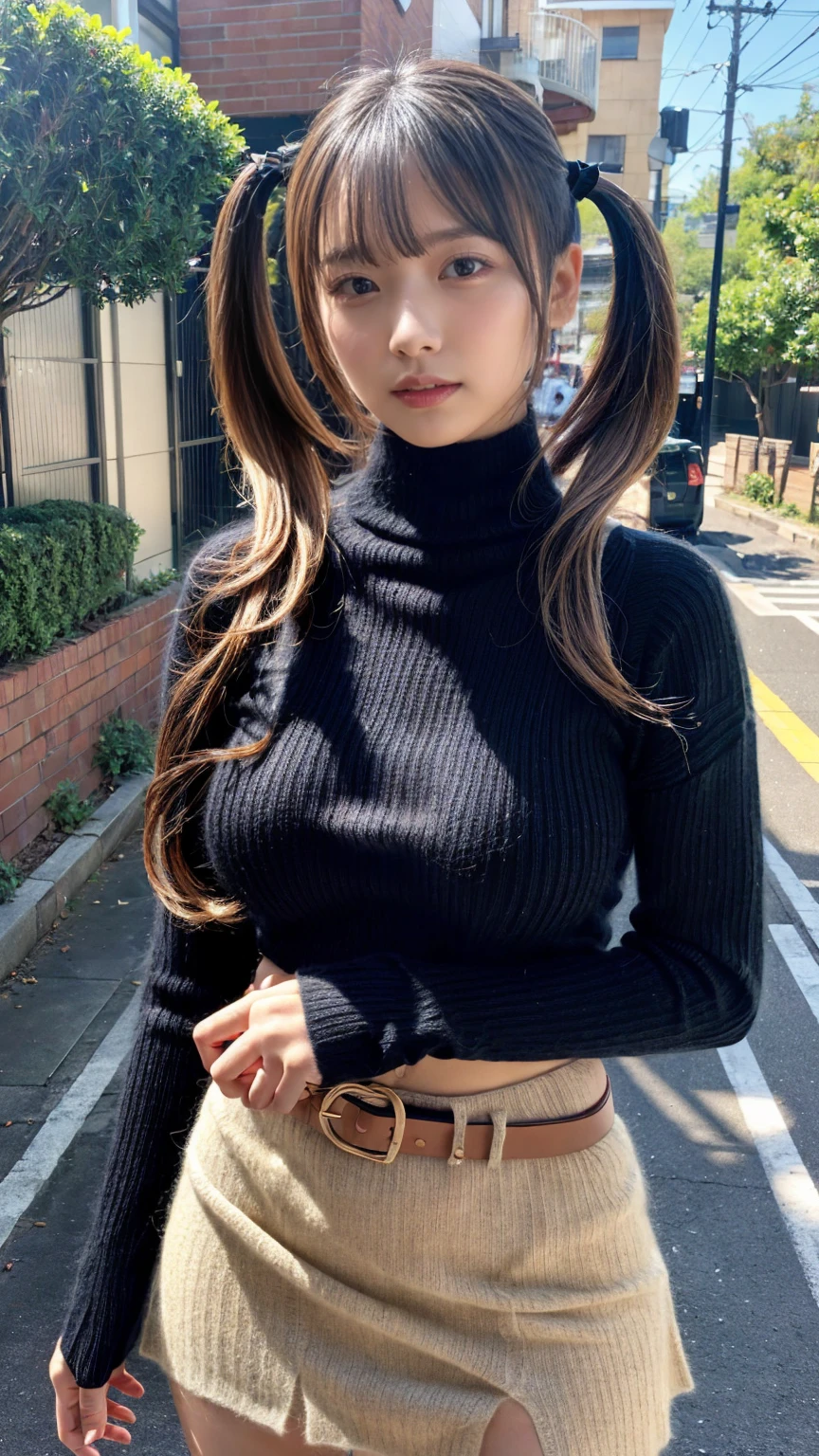 (8K, RAW Photos, Highest quality, masterpiece:1.2), (professional photography, full colors, studio-caliber color grading), (Gravure quality for high-end fashion magazines), close up, BREAK,18 year old girl, (low twintail:1.2), crying a little, Harajuku style, Big Natural Color Lip, (Plumpy body:1.2), (smooth skin:1.1 (huge breasts:1.2 BREAK ((very tight cashmere high neck sweater、Perfect fit to your body line、tight mini skirt、belt))