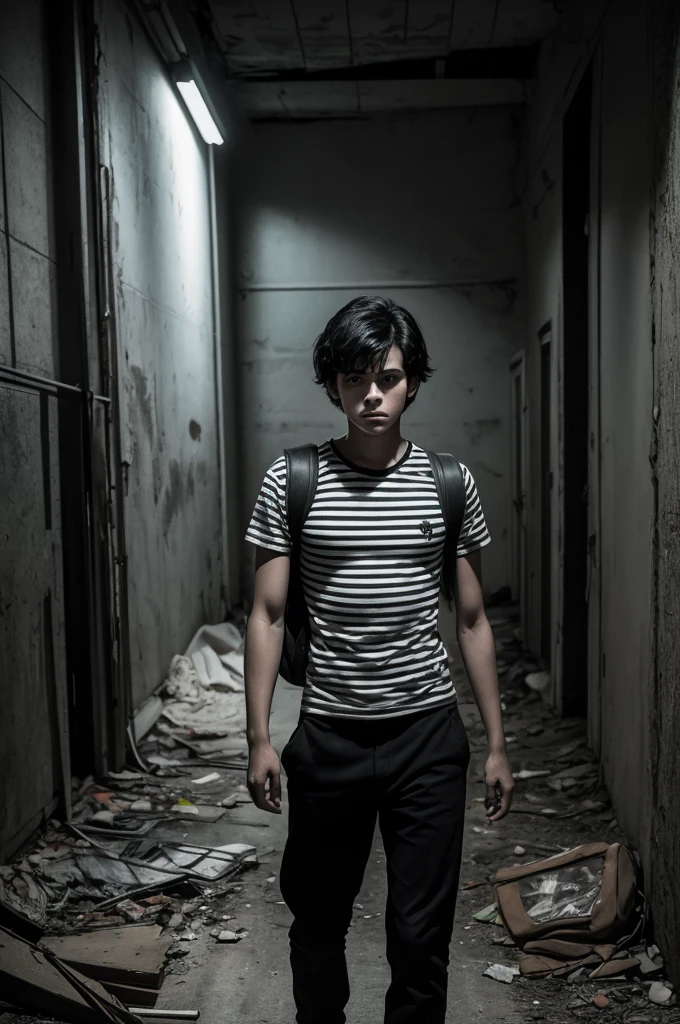 80s horror movie, realístic teenage boy in a black and white stripped t-shirt, black hair, black pants, dark green backpack, cinematic pose in a abandoned dark basement