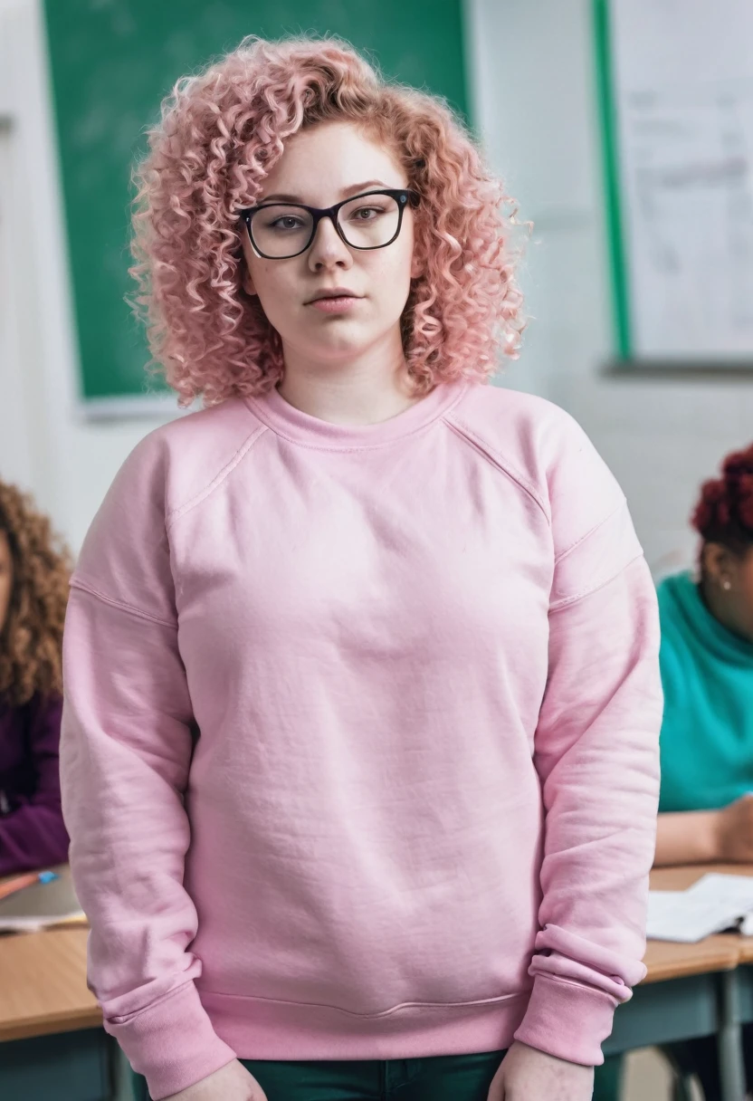 Pink Curly hair pale skin fat glasses woman in sweatshirt standing in classroom