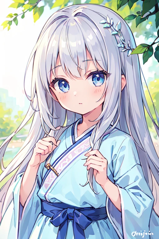 (best quality, masterpiece:1.2), ultra detailed, extremely detailed eyes and face, natural skin texture, detailed skin, natural lighting,
chibi, 1 girl, 12-years-old, (cute),
silver hair, middle hair, straight hair, shiny hair,
blue eyes,
flat chest,
hanbok,
upper body,