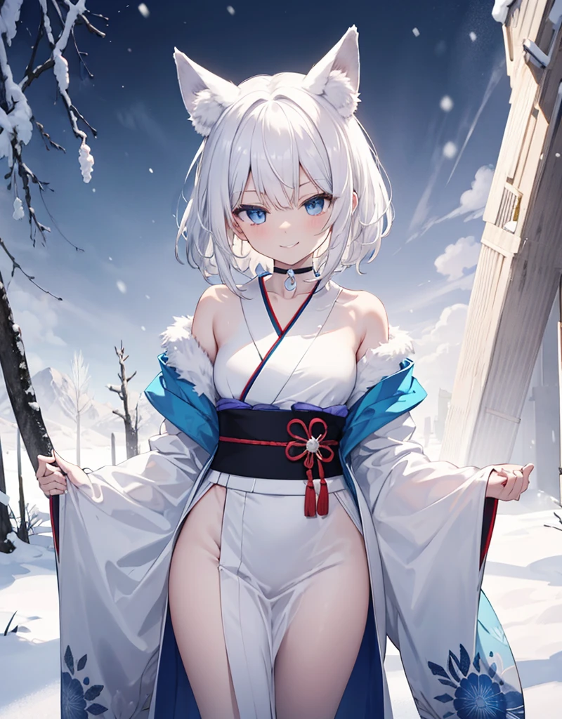 [[[ ultra-detailed, best quality, soft skin, beautiful, 4K]]] white hair,perfect blue eyes, tied-up hair, slender body, dynamic angle, white choker, white and blue upper loose kimono, white fox ears, calm expression, female, snowy palace gardens background, serious expression. walking angle, ((little horny smile)), bare shoulders,  easy like, scenery 