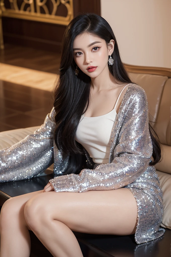 High -quality work, reality works, super high -level graphics, 8K high -definition CG work, high -quality graphics, high definition and exquisite CG works, 10 times pixels, (focus on the thighs), (eyes look at the camera), super superior), super superiority), super superiority), super superiority), super superiority), super superior Tail information: , high level, high -level technical details: 1.1 Realistic photo effect, indoor effect: 1.5, natural soft light: 1.5. (1.8) (1.8), super high and high, shiny and high, shiny, long hair, silber hair, silber hair, silber hair, March two eyelids look good, sharp eyelids, sharp eyelids, eye makeup, eye makeup, eye makeup, eye makeup, eye makeup, eye makeup, eye makeup, eye makeup, eye makeup, eye makeup, eye makeup, eye makeup, eye makeup, eye makeup , Eye makeup, capture, makeup, capture beautiful eyelashes makeup, TTHIN eyebrows, super detailed eyes, high noses, cute red lips, rosy colors-cheeks, exquisite color face, beautiful face, face shape, face shape It is perfect, perfect face, high -level facial details: 1.3 (1.3) sparkling) luxury dress series, glittering, sequin jacket, flash, flash, bright, long skirt, summer butt wrapped cuffless commute skirt , Horse socks, 100 % oily fluffy luster, shiny 8D black silk female & # 39; s, clothes look good, fashion clothing series, dressing photography, authentic clothing creation, banquet hall, women's artwork, whole body Video, wearing, realism, amazing cleavage, my eyes are bright