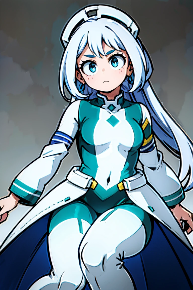 White attire, Hero costume, white and blue color costume, black and white details, fundo cinza, detailded.