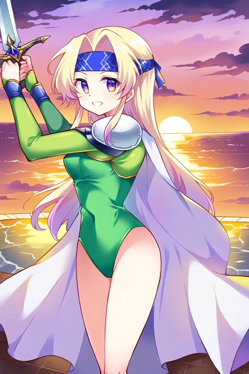 score_9, score_8_above, fountain_cheered up, 1 girl, solo break celes chhere, by rubio, Blue headband, green leotard, white coat, shoulder pads, wifes, neckline, looking at the viewer, SMILE, ocean, sunset, holding the sword, aboveper body, bare legs,