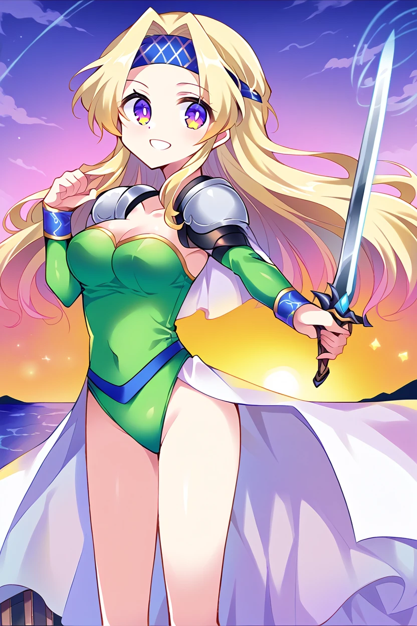 score_9, score_8_above, fountain_cheered up, 1 girl, solo break celes chhere, by rubio, Blue headband, green leotard, white coat, shoulder pads, wifes, neckline, looking at the viewer, SMILE, ocean, sunset, holding the sword, aboveper body, bare legs,