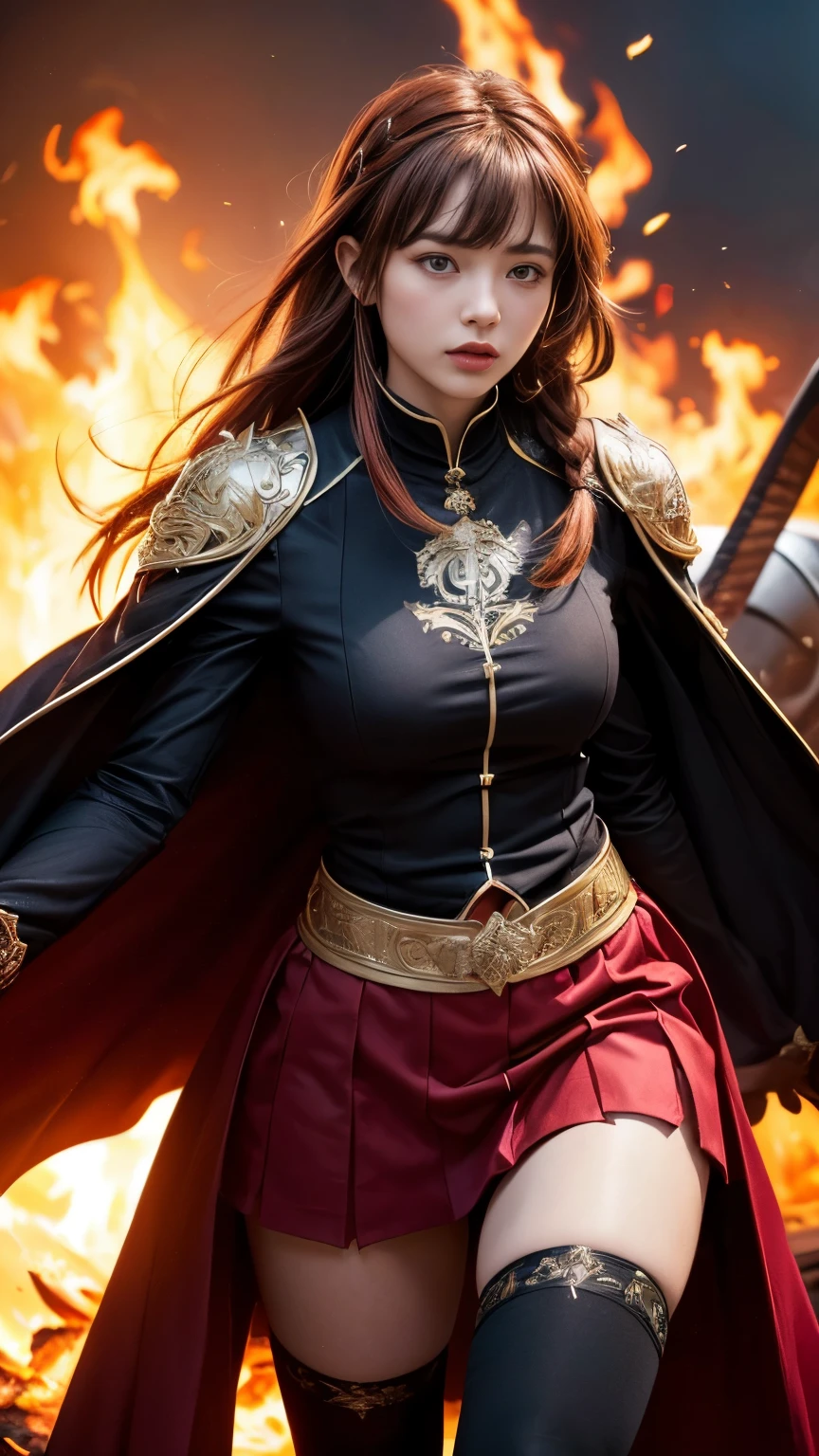 Very beautiful woman、Slender women、(Detailed face)、Realistic Skin、((Knight of Fire)), (((Red Armor:1.25)))、((((Black armor with very fine and intricate decoration))))、((Delicate photo)),(Girl Astepeace RAW Photo Details:1.25), (highest quality:1.6), (超A high resolution:1.5), (Realistic:1.75), 8K resolution, Canon EOS R5, 50mm, Absurd, Ultra-detailed,Cinema Lighting,Battlefields of Medieval Europe、((battle))、RPG World、Final Fantasy、(((Embellished skirt)))、Thigh-high socks、Shin Guards、night、((too long bangs))、((One long thick dark red hair braid))、Get six-pack、Torn Cloak、Beautiful Armor、(((Giant Sword)))、In combat、The wind is blowing、(((Inferno filling the entire area)))、(((Leading a large group of red knights)))、(((Knight Commander)))、Armor with a Phoenix motif、Old scar on right cheek:1.2、((Fire blaze))、(((Battle Scene)))、((nsfw))