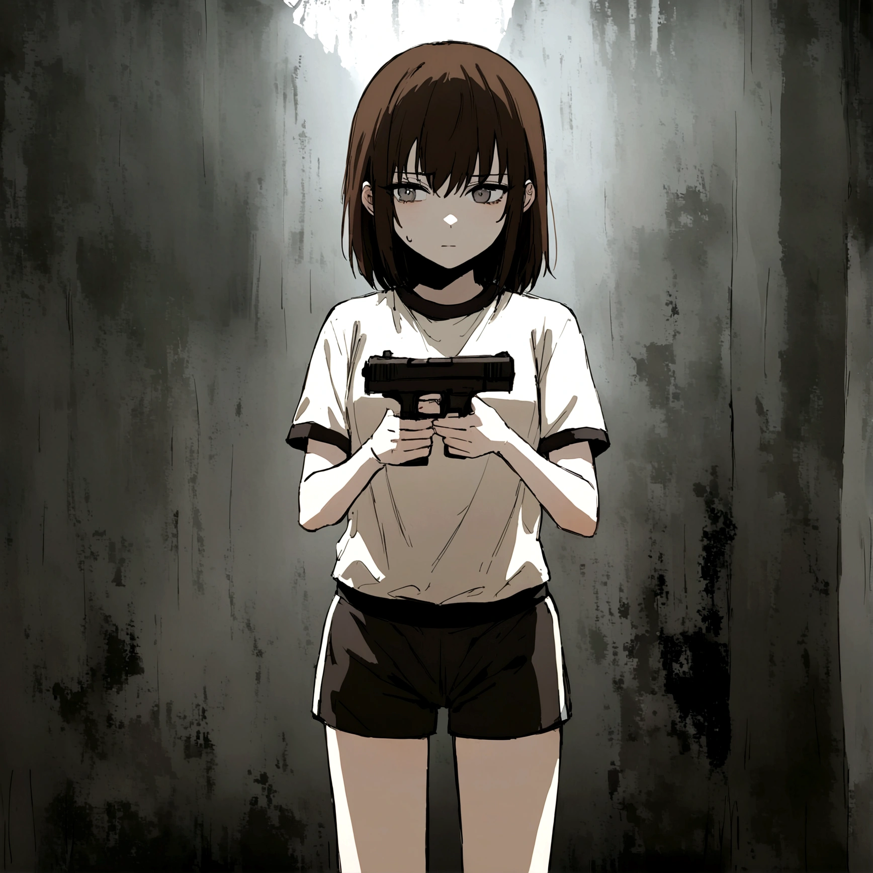 make me a girl, 16yo, sporty shirt and sporty shorts, gun in her hands, neutral face, dark brown short hair, grey eyes, horror background scenery