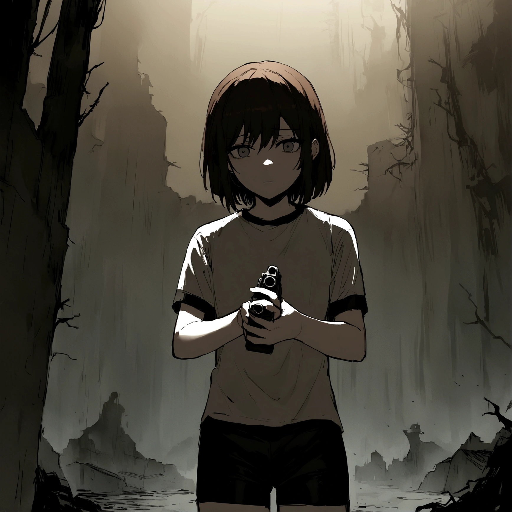 make me a girl, yo, sporty shirt and sporty shorts, gun in her hands, neutral face, dark brown short hair, grey eyes, horror background scenery