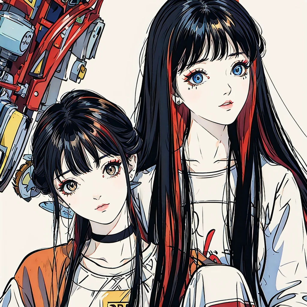make a girl cartoon character that has a hair with red highlights in a black hair and a bangs, with a side labret piercing. from head to shoulder only, please include the side labret piercing