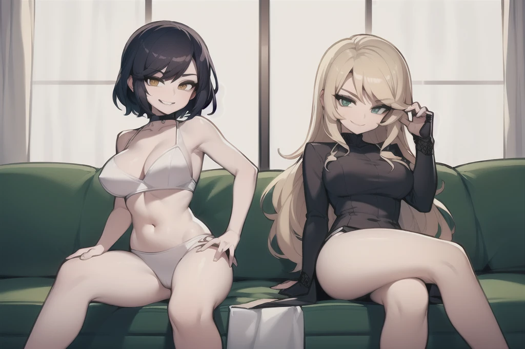 two sexy women who are wives of boy, both looking at boy, seductive smiles, portrait, various hair