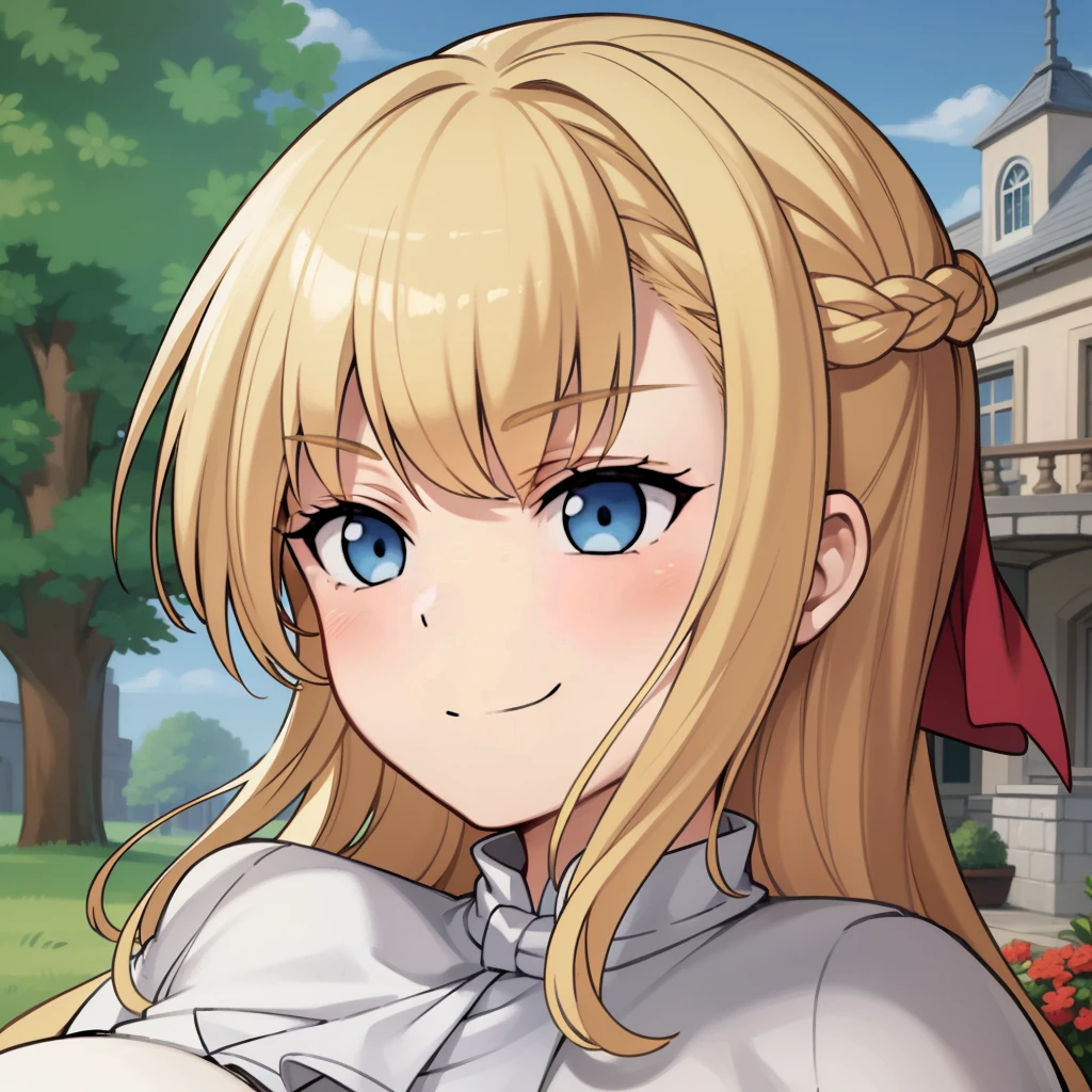 high quality, masterpiece. Blue eyes. Blonde hair. braid. tricky glance. evil smile. haughty face. White sweater. against the backdrop of the estate.