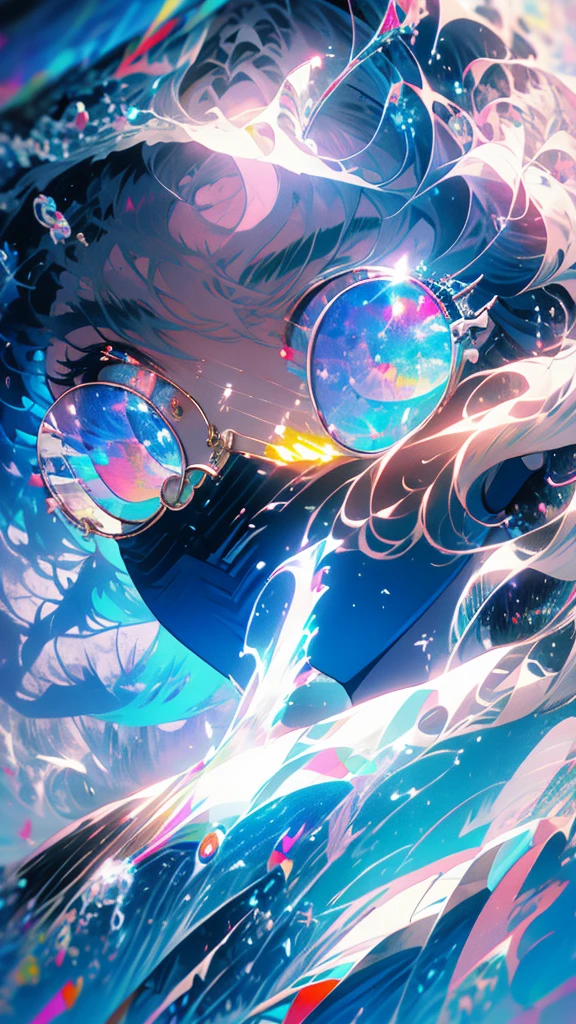 anime girl flying through the air with a blue and white dress with white round glasses, trending on artstation pixiv, splash art anime , zerochan art, pixiv contest winner, digital art on pixiv, guweiz on pixiv artstation, anime art wallpaper 8 k, clean detailed anime art, anime fantasy illustration, beautiful anime artwork, anime face, masterpiece, high quality, detailed face, realistic skin