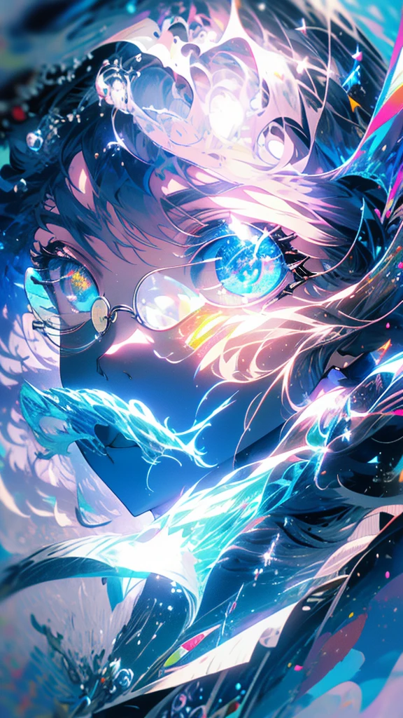 anime girl flying through the air with a blue and white dress with white round glasses, trending on artstation pixiv, splash art anime , zerochan art, pixiv contest winner, digital art on pixiv, guweiz on pixiv artstation, anime art wallpaper 8 k, clean detailed anime art, anime fantasy illustration, beautiful anime artwork, anime face, masterpiece, high quality, detailed face, realistic skin