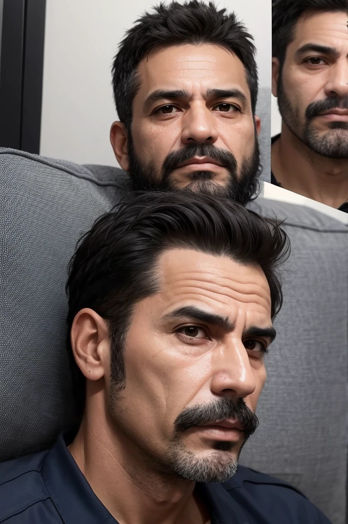 Create a masculine face of a manic 46 year old Brazilian man, who is wanted by the police for the murder of 3 people