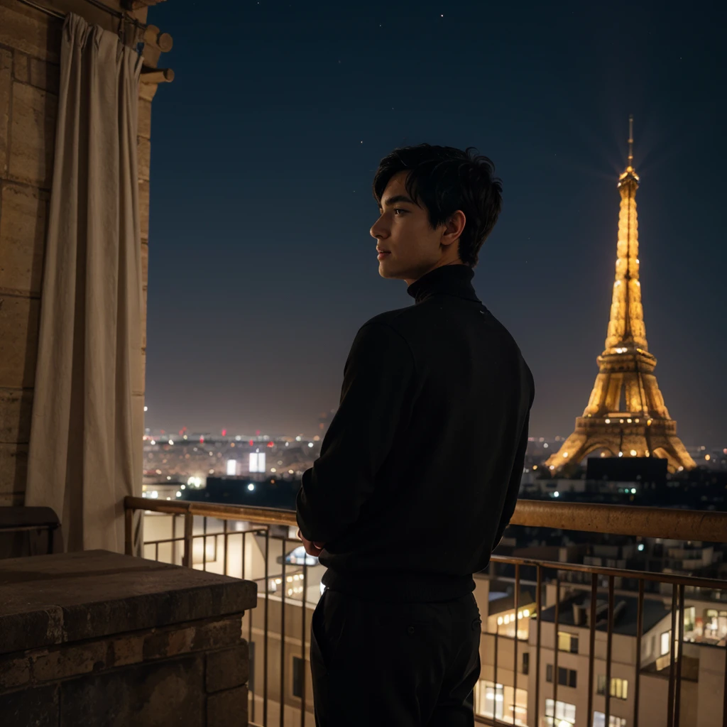 a boy with messy black hair facing his back wearing a black turtleneck and pants on top of the mountain overlooking tower Eiffel at night