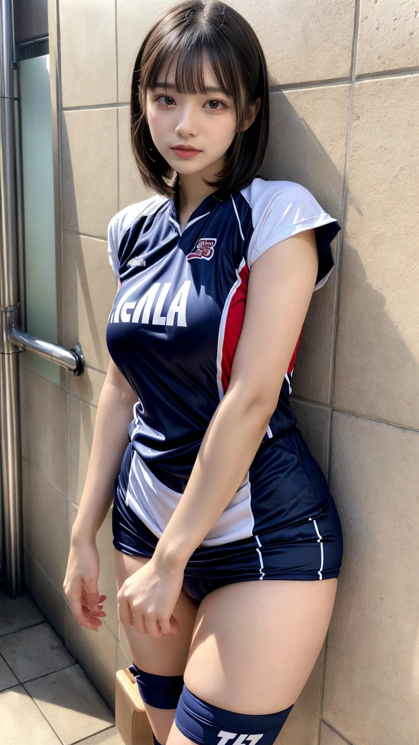 masterpiece, best quality, illustration, Super detailed, fine details, High resolution, 8K,wall paper, perfect dynamic composition,(Details High quality, realistic depiction of eyes:1.3), restroom, (urinal), kneeing, (short hair volleyball player, Volleyball Uniforms), Tight clothes, , medium breasts, black hair color, Big Natural Color Lip, bold sexy pose, (perfect body shape), Do gal makeup, sexy face, Harajuku style、20 year old girl、cute type、lolita、beautiful legs, hposing Gravure Idol