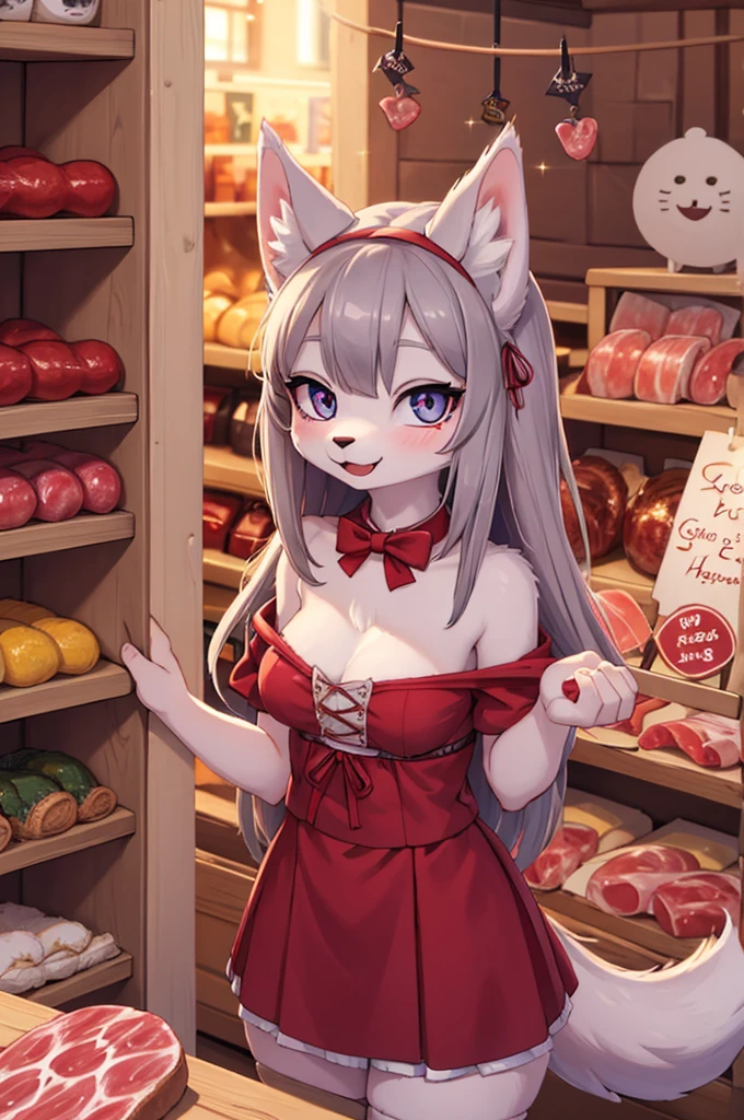 ((best quality)), ((​masterpiece)), (Detailed), 1 happy wolf girl in a shop full of salami hanging from walls, sparkly eyes, holding a Salami in her hands