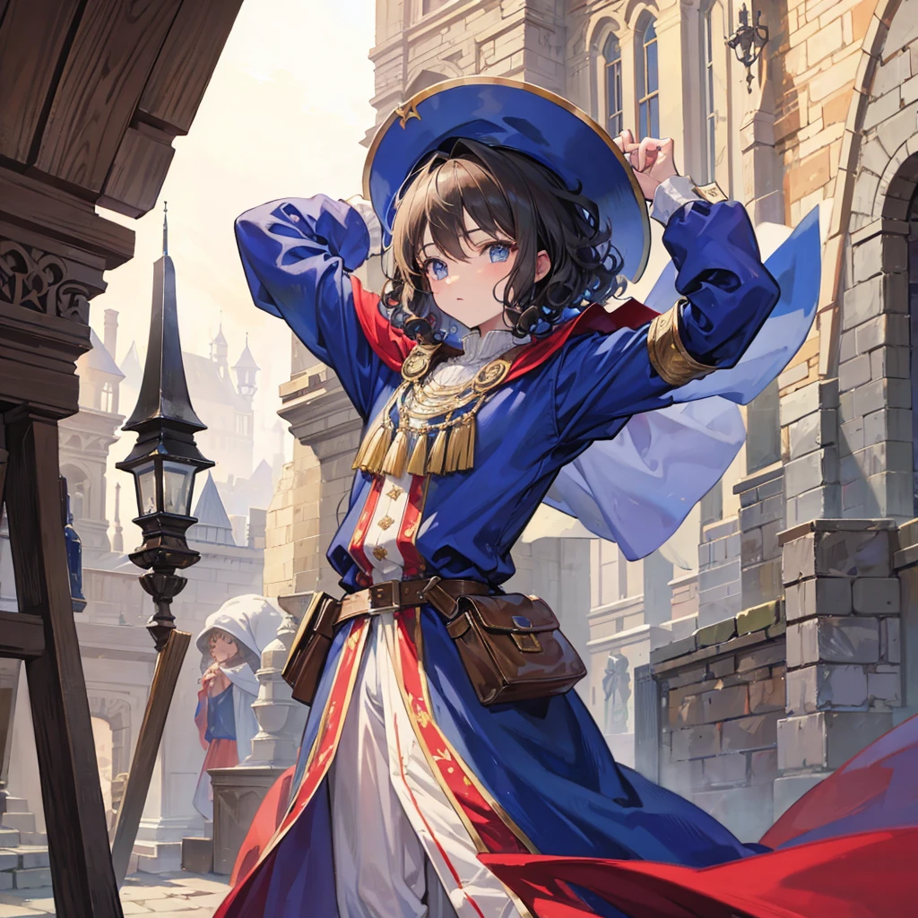Curly-haired boy wearing medieval clothes and a hat covering his arms with his cape