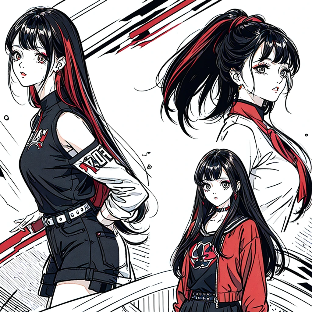 make a girl cartoon character that has a hair with red highlights in a black hair and a bangs, with a side labret piercing. from head to shoulder only, please include the side labret piercing