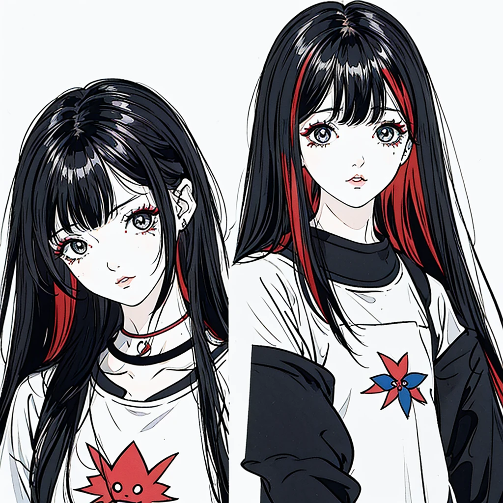 make a girl cartoon character that has a hair with red highlights in a black hair and a bangs, with a side labret piercing. from head to shoulder only, please include the side labret piercing