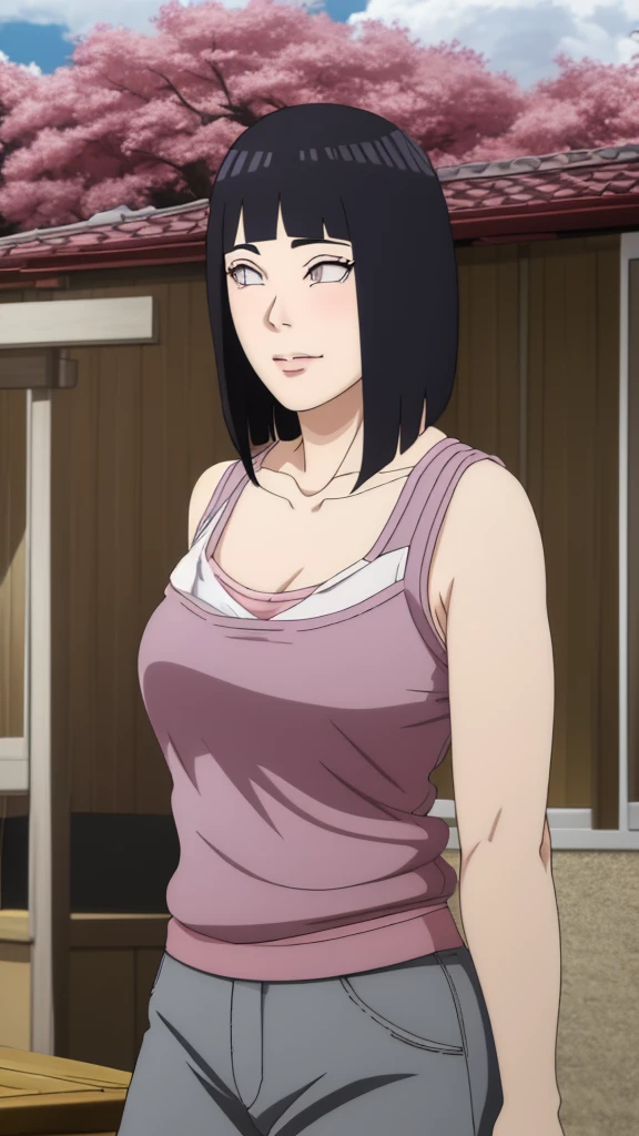 Masterpiece, Hinata\(Boruto\), 1 girl, alone,mature woman, (wearing mini camisole:1.25),  outdoor, look at viewer, (petals falling), The sky is cloudy, laundry-ing, perfect composition, details lips, big breast, Beautiful face, body proportions, Blush, (pink lips), long hair,  purple eyes,  soft stare, sad smile,  Very realistic, details, photography, accurate faces and bodies, stay-at-home wife, 