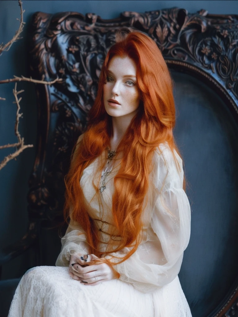 there is a woman with long red hair sitting in a chair, loose red hair, amaranth, long ginger hair, Orange peel and long fiery hair., redhead goddess, very long loose red hair, she has long orange hair, Long orange hair, with long red hair, Anna Nikonova aka Newmilky, long red hair, long loose red hair