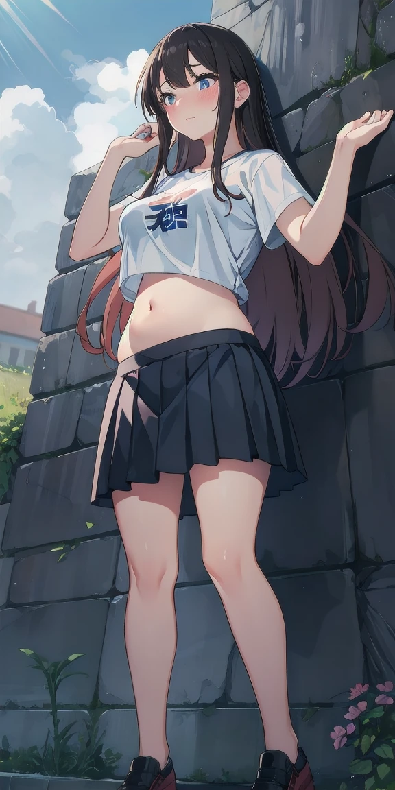 Realistic, Outdoor, 1 wall, Wide-angle,One girl, Long Hair, shy, Embarrassing, Blushed, Wide-angle, throw, From below, Casual clothing, 2 hands up, Two hands chained to a wall,  Leaning against a wall, T-Shirts, skirt, belly button, light, shine, (masterpiece), wallpaper