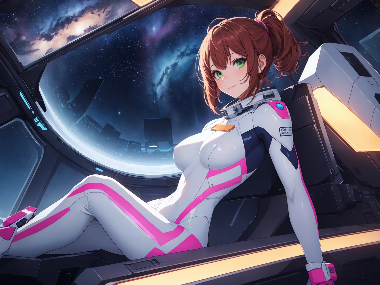 (aesthetic, best quality, masterpiece), 1girl, female focus, solo, large breasts, closed mouth, small smile, green eyes, auburn hair, zerosuit, tight, pink and white bodysuit, vivid colors, holographic interface, spaceship, space, futuristic, datapad, full body, cockpit, watercolor illustration, perfect hands, bright starship interior, highly detailed eyes, (orbital view:1.3), (night, starry sky:1.5), milky way