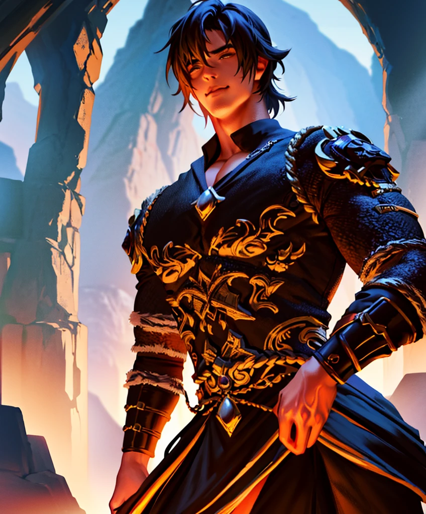 (((Single character image.))) (((1boy))) (((Looks like beefcake male fantasy character.)))  (((Dressed in medieval fantasy attire.))) Boyfriend in a fantasy setting. (((Male fantasy character in a grim fantasy setting.))) Looks like a fun-loving and heroic male adventurer for Dungeons & Dragons. Looks like a very attractive male adventurer for a high fantasy setting. Looks like a hot boyfriend. Looks like a handsome and rugged male adventurer for Dungeons & Dragons. Looks like a handsome male for a medieval fantasy setting. Looks like a Dungeons & Dragons adventurer, very cool and masculine hair style, black clothing, handsome, charming smile, adventurer, athletic build, excellent physique, confident, gorgeous face, gorgeous body,  detailed and intricate, fantasy setting,fantasy art, dungeons & dragons, fantasy adventurer, fantasy NPC, attractive male in his mid 20's, ultra detailed, epic masterpiece, ultra detailed, intricate details, digital art, unreal engine, 8k, ultra HD, centered image award winning, fantasy art concept, digital art, centered image, flirting with viewer, best quality:1.0,hyperealistic:1.0,photorealistic:1.0,madly detailed CG unity 8k wallpaper:1.0,masterpiece:1.3,madly detailed photo:1.2, hyper-realistic lifelike texture:1.4, picture-perfect:1.0,8k, HQ,best quality:1.0,
