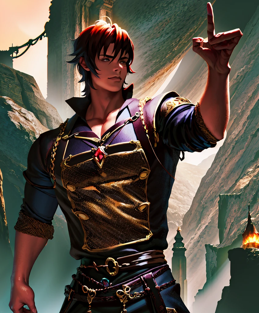 (1man, prince2008), (extremely detailed CG unit 8k wallpaper),(master part), (best quality), (ultra detail), (best illustration),(melhor ombre), cowboy shot, (Sharp eyeliner, ombre, detailed eyes:1), Persian city, outdoors background,break , (ghibli style), upper body, sharp metal claws glove