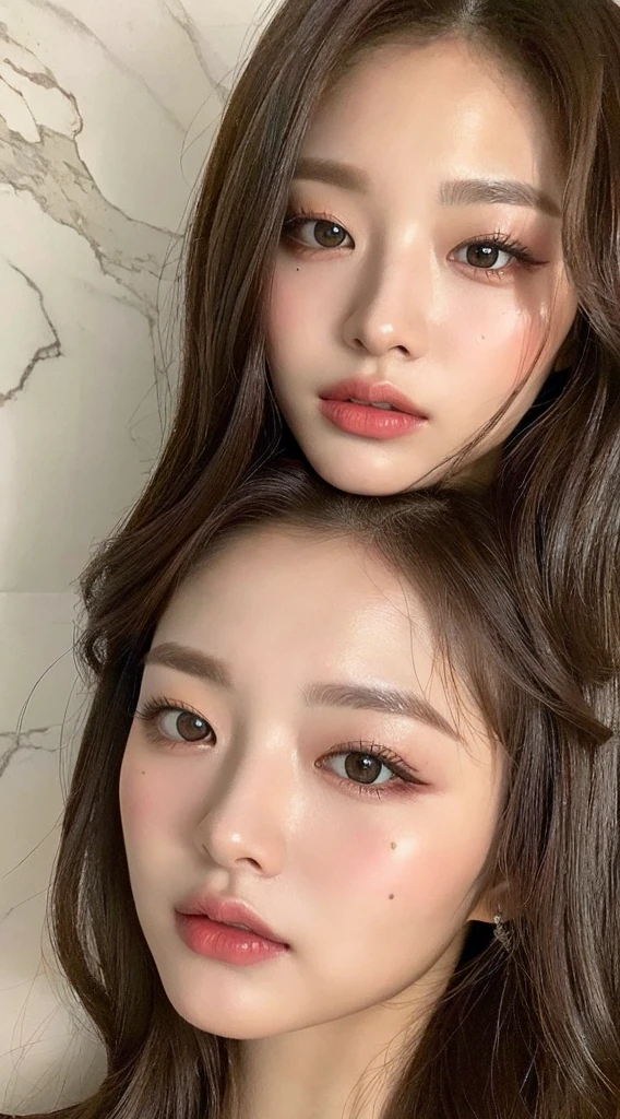 ((top-quality、8K、masterpiece:1.3))、Crisp focus:1.2、Beautiful Women in Perfect Style:1.4、Facing to the side:1.2、((Dark brown hair、huge tit:1.2))、(White button-up long shirt:1.1)、Marble background:1.2、stright long hair、Highly detailed facial and skin texture、A detailed eye、double eyelid