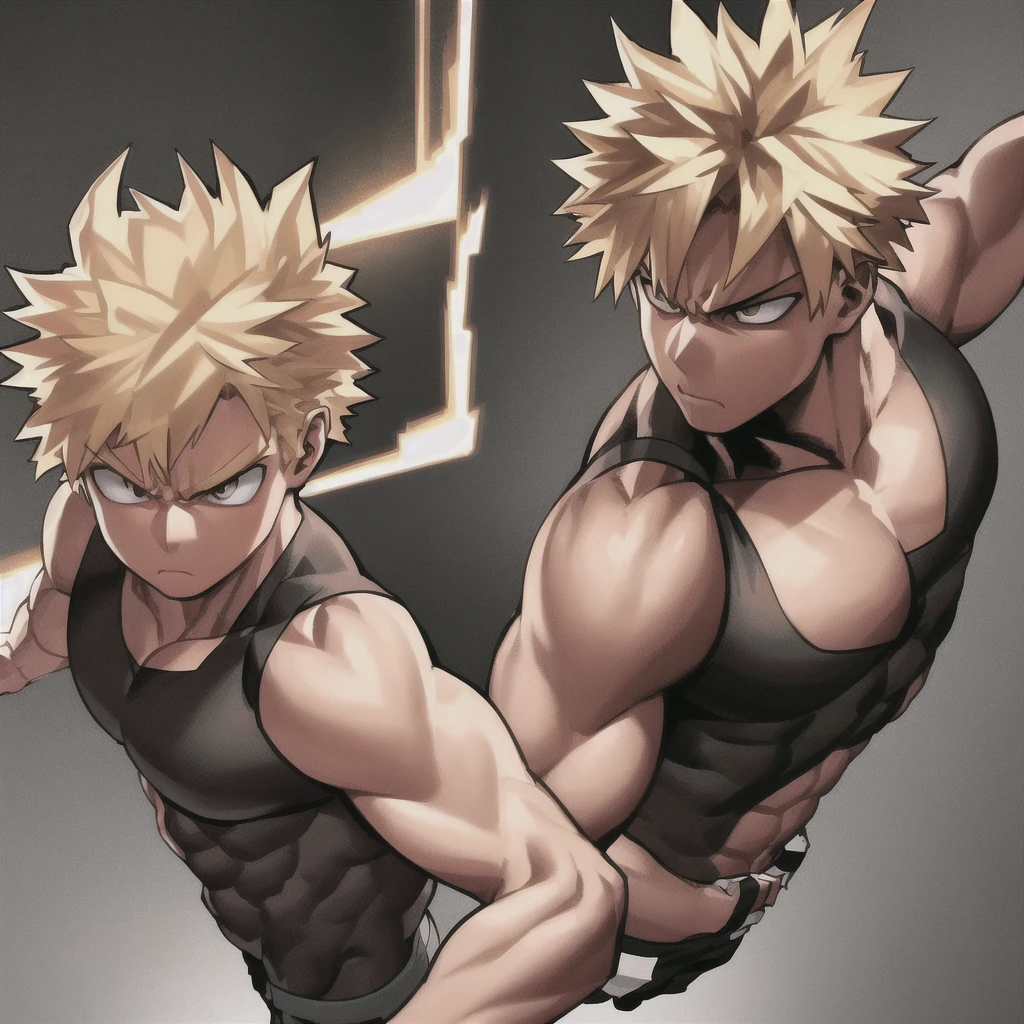 1boy, blonde hair, black tank top, fair skin, brown eyes, toned body, serious expression, detailed facial features, muscular, dynamic pose, Boku no Hero Academia, character illustration, digital art, highly detailed, cinematic lighting, vibrant colors, dramatic atmosphere, photorealistic, 8k, best quality, masterpiece