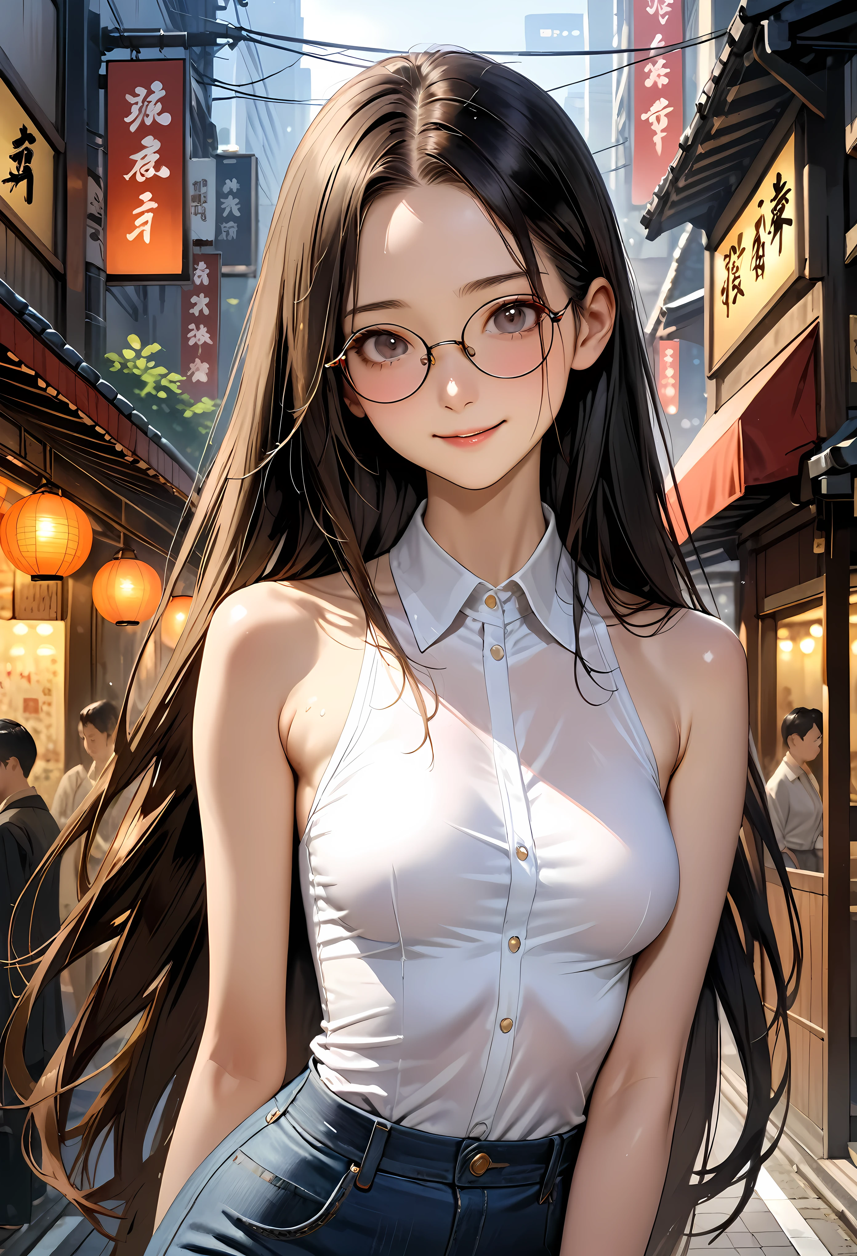 ((masterpiece,Highest quality;1.3,best illustration,realistic)),1woman、solo,22 year old beauty,((very small head:1.1)),center parted bangs,forehead,black hair,long hair,black eyes,gorgeous eyes,Black-rimmed glasses、shy,smile,medium breasts,((very long body)),((toned body,slender body,skinny)),gleaming skin,shiny skin,oily skin,(White long sleeve collared shirt)、Denim long skirt、on street,Tokyo、
