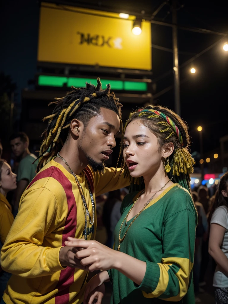 people dancing reggae, dressed in green, yellow and red., Big sound system, street party