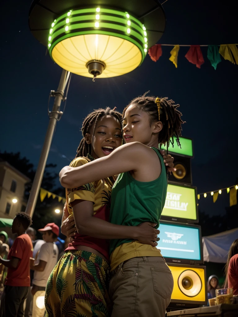people dancing reggae, dressed in green, yellow and red., Big sound system, street party