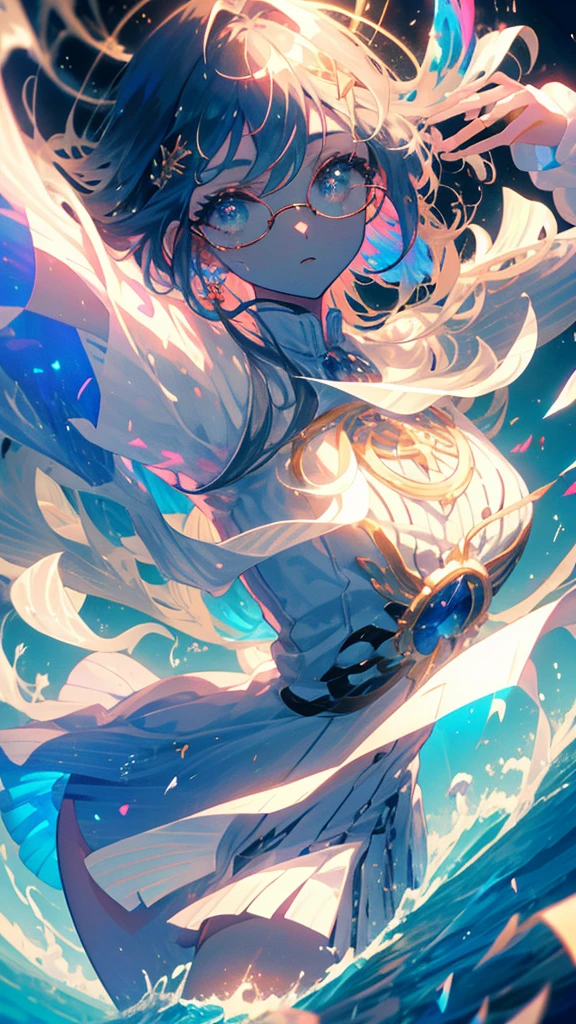 anime girl flying through the air with a blue and white dress with white round glasses, trending on artstation pixiv, splash art anime , zerochan art, pixiv contest winner, digital art on pixiv, guweiz on pixiv artstation, anime art wallpaper 8 k, clean detailed anime art, anime fantasy illustration, beautiful anime artwork, anime face, masterpiece, high quality, detailed face, realistic skin