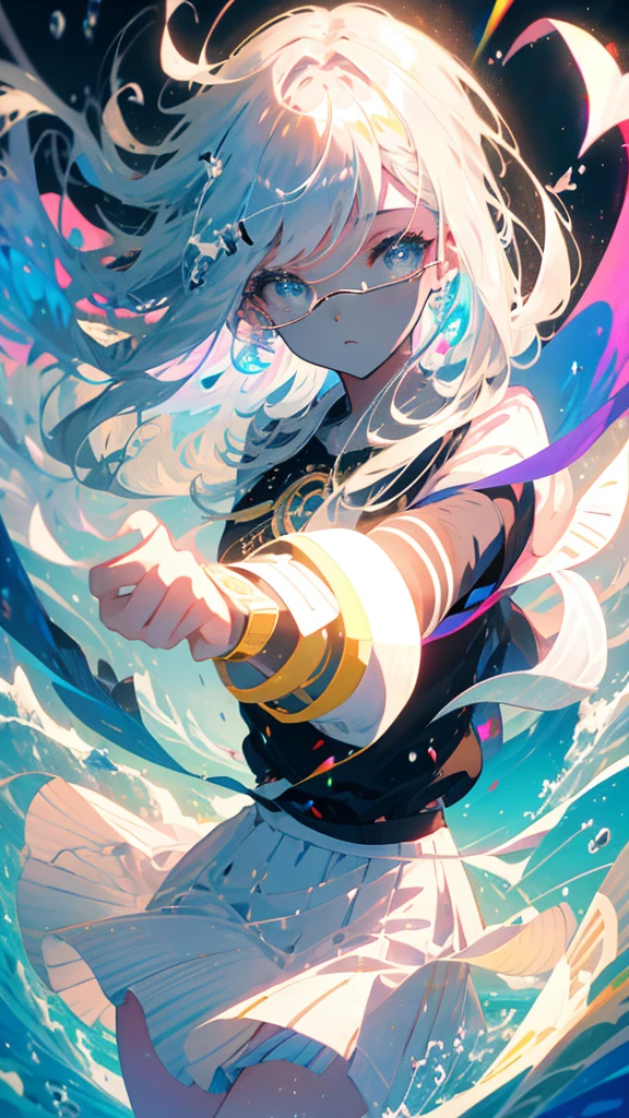 anime girl flying through the air with a blue and white dress with white round glasses, trending on artstation pixiv, splash art anime , zerochan art, pixiv contest winner, digital art on pixiv, guweiz on pixiv artstation, anime art wallpaper 8 k, clean detailed anime art, anime fantasy illustration, beautiful anime artwork, anime face, masterpiece, high quality, detailed face, realistic skin