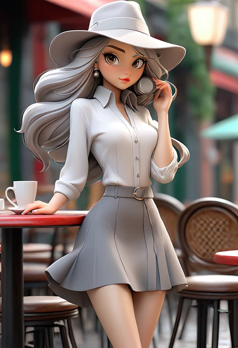 tabletop, high qualiy, best qualityer, comely, Hard disk, perfect lighting, face detailed, body detailed, 1 girl, standing alone, (Long gray hair), thin ankles,eyes browns, medium breasts, ((white innerwear)), ((Short skirt in gray)), (Grey hat), silver high heels,in front of the café,Photograph the entire body（Cover your screen from head to toe）,Model Tour,