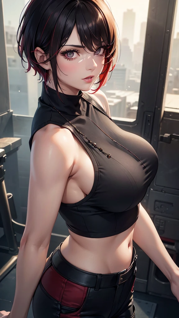 one woman with big breasts,sleeveless top,black hair with red highlights,short hair,cargo pants,highly detailed,photorealistic,8k,best quality,masterpiece,realistic lighting,beautiful detailed eyes,beautiful detailed lips,extremely detailed face,long eyelashes,elegant pose,cinematic lighting,dramatic colors,vibrant colors,warm color palette