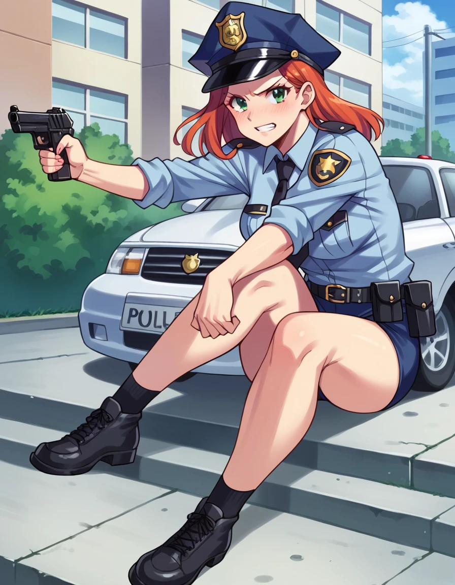 There is a woman in a police uniform holding a gun, official, police official, (Yoshida Yuuko), brave police, Attire: cop, redhead woman, yoshida yuuko wearing a police uniform, high resolution commission, sheriff woman, Lois van Baarle y Rossdraws, bottomless, leotard blue, bare legs,