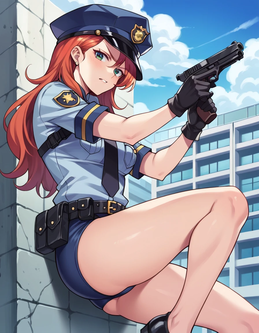 There is a woman in a police uniform holding a gun, official, police official, (Yoshida Yuuko), brave police, Attire: cop, redhead woman, yoshida yuuko wearing a police uniform, high resolution commission, sheriff woman, Lois van Baarle y Rossdraws, bottomless, leotard blue, bare legs,