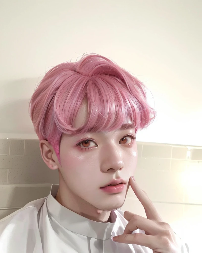 there is a young man with a pink wig and a pink bow on his head, inspired by Yanjun Cheng, linda garota with pink hair curto, inspired by Russell Dongjun Lu, kawaii realistic portrait, cai xukun, park Jimin, non-style artwork by guweiz, with pink hair, drainage gang bladee, Jimin, yanjun chengt