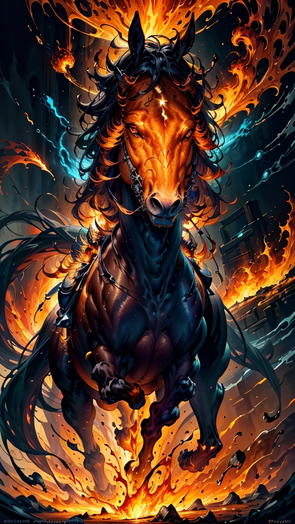 a mesmerizing oil painting of a solitary, majestic fire horse in full gallop, crafted with vibrant brushstrokes on a dramatic black velvet background. Radiant shades of fiery red, molten orange, and blazing yellow illuminate the darkness, as licks of rich, textured flames dance across the horse's muscular body, capturing its powerful, lifelike essence. The atmosphere is dynamic, with bold, expressive strokes and subtle, warm glows, conjuring a sense of kinetic energy and intense passion, as if the fiery steed is about to burst forth from the canvas.